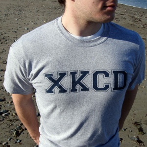 The front of the xkcd college athletic style shirt.