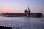 The aircraft carrier USS Ronald Reagan (CVN 76) transits San Diego Bay. Ronald Reagan moving to Bremerton, Washington for scheduled dock planned incremental availability maintenance.