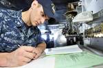 Boatswain's Mate 3rd Class Steven Prophet, from Boise, Idaho, mans the boatswain's mate of the watch on the bridge of the aircraft carrier USS Ronald Reagan (CVN 76).