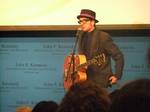 Costello performing in tribute to music legends Chuck Berry and Leonard Cohen who were the recipients of the first annual PEN Awards for songwriting excellence, at the JFK Presidential Library, in Boston, Massachusetts on 26 February 2012.