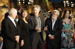 Hollywood star Harrison Ford, center, executive producer and writer George Lucas, second from right, his co-star Karen Allen, second from left, and producers, Frank Marshall, left, and Kathleen Kennedy, stand together at the premiere of 