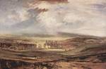 A painting by J. M. W. Turner of Raby Castle in its landscae in the early 19th century. After the Rising of the North the castle became the property of the Crown for over forty three years, before being bought by Henry Vane, 1st Earl of Darlington who previously resided at Barnard Castle in County Durham.