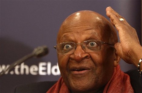 File - Archbishop Desmond Tutu, who was awarded the Nobel Peace Prize for his part in fighting apartheid speaks during a press conference on The Elders' "Girls not Brides" initiative, in New Delhi, India, Thursday, Feb. 9, 2012.