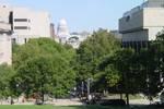 A view of the Wisconsin State Capitol from atop Bascom Hill. The Mosse Humanities building is on the right, Wisconsin Historical Society (fore) and Memorial Library (rear) on the left.