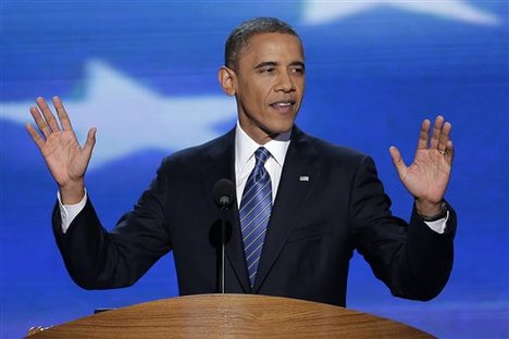 President Barack Obama addresses the Democratic National Convention in Charlotte, N.C., on Thursday, Sept. 6, 2012.