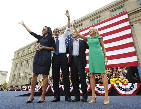 President Barack Obama, first lady Michelle Obama, Vice President Joe Biden and Dr. Jill Biden on stage together during a campaign event at the Univ. of Iowa, Friday, Sept. 7, 2012 in Iowa City, Iowa.