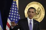 U.S. President Barack Obama speaks during a news conference at the Presidential House in San Salvador, El Salvador, Tuesday March 22, 2011. The final stop on his three-country Latin American tour and the only one in Central America, Obama promised attention to increasing trade and economic growth, fighting drug trafficking and creating opportunities so that people can find work in their home countries and 