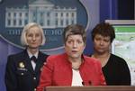 Homeland Security Secretary Janet Napolitano, center, accompanied by EPA Administrator Lisa Jackson, right, and Rear Admiral Sally Brice-O'Hara, speaks during the daily press briefing at the White House in Washington Thursday, April 29, 2010.