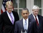 President Barack Obama, accompanied by BP Oil Spill Commission co-chairs former Florida Sen. Bob Graham, D-Fla., right, and former EPA Administrator William Reilly, walks to the Rose Garden of the White House in Washington, Tuesday, June 1, 2010, after their meeting.