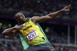 Jamaica's Usain Bolt reacts to his win in the men's 100-meter final during the athletics in the Olympic Stadium at the 2012 Summer Olympics, London, Sunday, Aug. 5, 2012.