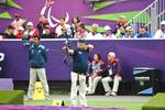 Dugie Denton, a U.S. Army veteran and member of the 2012 U.S. Paralympic Archery Team, carefully aims his archer's bow during the Men's Individual Open Compound Quarterfinals match at the Royal Artillery Barracks in London, England, Sept. 2. Denton lost to fellow American teammate, Matthew Stutzman. DOD photo by U.S. Army Sgt. 1st Class Tyrone C. Marshall Jr.