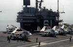 Ranger's island and flight deck, c.1980. In 1981 Capt. Dan A. Pederson was given a non-punitive letter of censure by Vice Adm. Robert F. Schoultz, commander of the Naval Air Force, United States Pacific Fleet as after a three-week investigation into the 14 April 1981 death of Airman Paul Trerice, 20 years old, of Algonac, Mich.