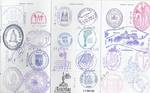 St. James pilgrim passport stamps in Spain for the Camino Frances. Most pilgrims carry a document called the credencial, purchased for a few euros from a Spanish tourist agency, a church on the route or from their church back home