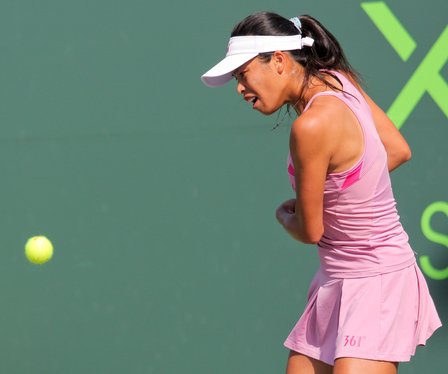 Su-Wei Hsieh of Taiwan competes against Alize Cornet of France during the Day 2 of qualifying rounds of the Sony Ericsson Open at Crandon Park Tennis Center on March 20, 2012 in Key Biscayne, Florida - USA.