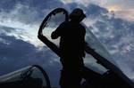 Airman Kelvin Brown cleans the canopy of an F/A-18C Hornet assigned to Strike Fighter Squadron (VFA) 195 aboard the aircraft carrier USS Kitty Hawk (CV 63).