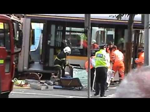 CLOSE UP - Luas CRASH on O'Connell Street (Luas and Dublin bus collide)