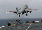 An EA-6B Prowler assigned to the Outlaws of Electronic Attack Squadron One Forty One (VAQ-141) launches from one of four catapults on the flight deck aboard USS Theodore Roosevelt (CVN 71)