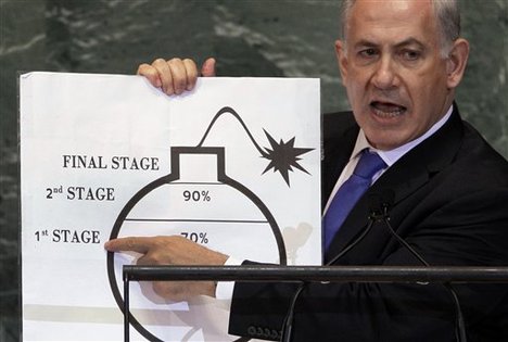 Prime Minister Benjamin Netanyahu of Israel shows an illustration as he describes his concerns over Iran's nuclear ambitions during his address to the 67th session of the United Nations General Assembly at U.N. headquarters Thursday, Sept. 27, 2012.