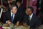 Secretary-General Ban Ki-moon attends Dinner “Nourishing People” hosted by Ms. Josette Sheeran, Executive Director, WFP and Mr. Peter Bakker CEO of TNT at WFP Tent in Davos. SG with President Paul Kagame of Rwanda