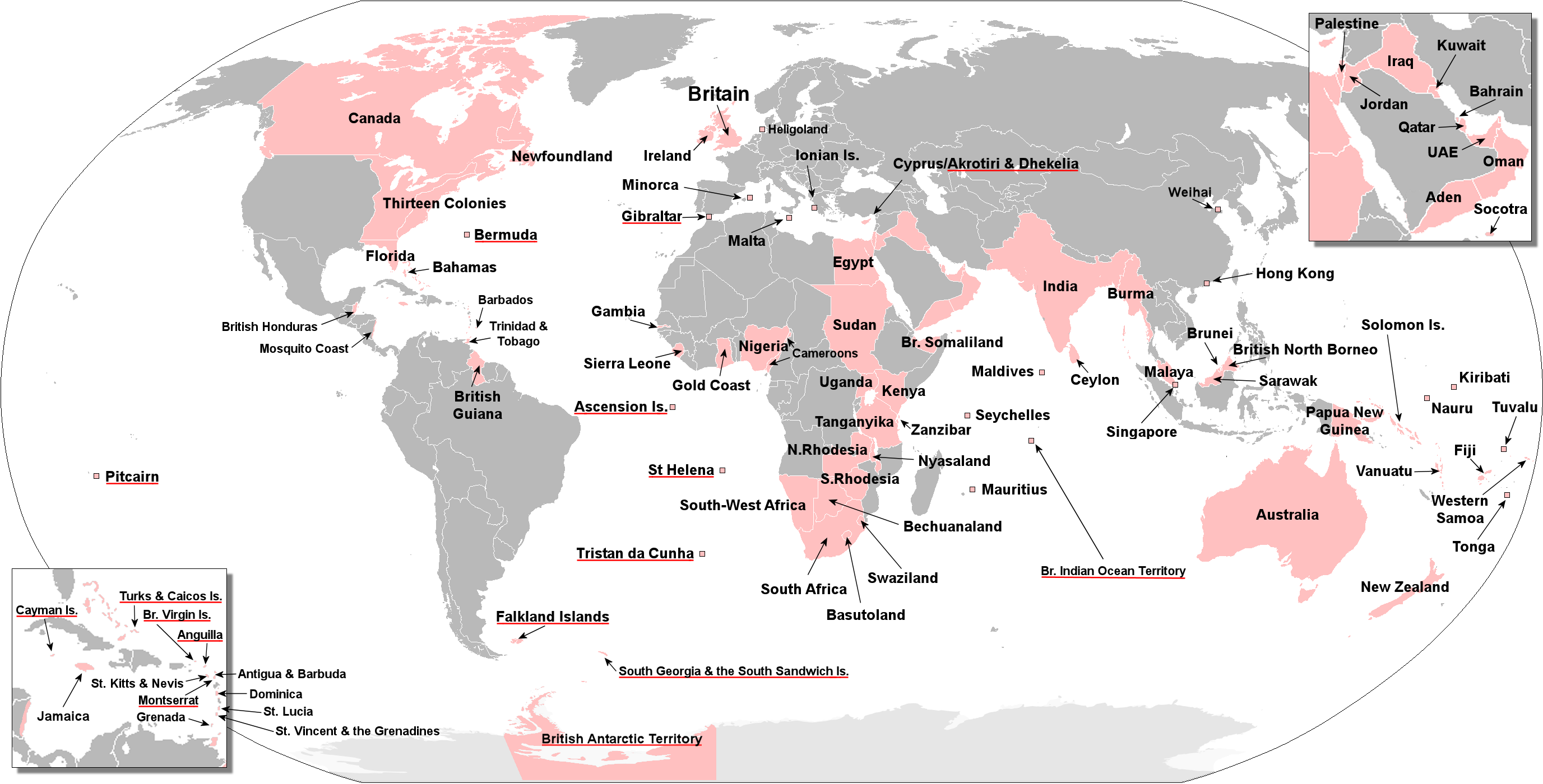 The areas of the world that at one time were part of the British Empire. Current British Overseas Territories are underlined in red.