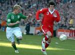 Gareth Bales of Wales, right, controls the ball past Damien Duff of the Republic of Ireland during their Group D Euro 2008 qualifier soccer match at Croke Park Stadium, Dublin, Saturday March 24, 2007.