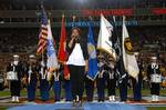 Singer-songwriter Jennifer Hudson sings the national anthem before the start of Super Bowl XLIII, Feb. 1, 2009