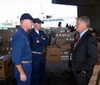 Chief Engineering Officer Lt. Cmdr. Bill Nicol and ships Navigator, Lt. j.g. Abigail Steele assigned to USS San Antonio (LPD 17) talks with Chris Mortenson, ESPN, NFL insider during his recent visit to the ship.