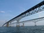 The Chesapeake Bay Bridge, near Annapolis, Maryland. Much of the bay is shallow. At the point where the Susquehanna River flows into the bay, the average depth is 30 feet (9 m), although this soon diminishes to an average of 10 feet (3 m) from the city of Havre de Grace, Maryland for about 35 miles (56 km), to just north of Annapolis.