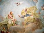 Holy Trinity, fresco by Luca Rossetti da Orta, 1738-9 (St. Gaudenzio Church at Ivrea). The Trinity is most commonly seen in Christian art with the Spirit represented by a dove, as specified in the Gospel accounts of the Baptism of Christ; it is nearly always shown with wings outspread. However depictions using three human figures appear occasionally in most periods of art.[102] The Father and the Son are usually differentiated by age, and later by dress, but this too is not always the case. The