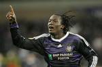 Belgium's RSC Anderlecht player Romelu Lukaku celebrates his goal against Spain's Athletic Club Bilbao during the round of 32, second leg Europa League soccer match in Brussels, Thursday Feb. 25, 2010