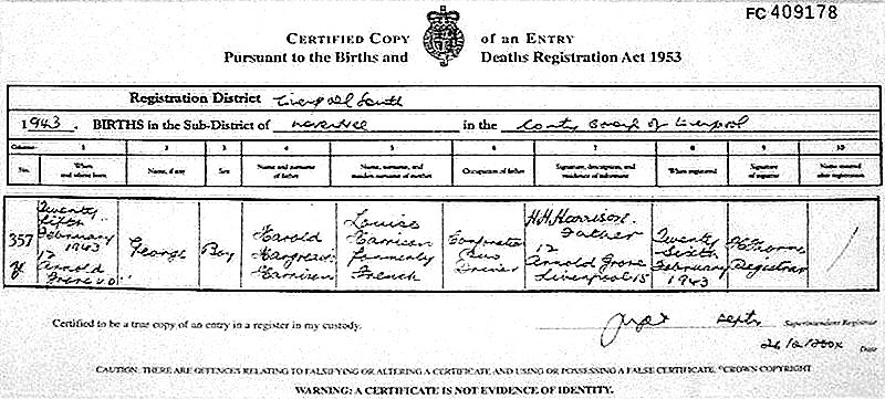 Harrison's birth certificate, with details filled in by hand, showing birthdate as "Twenty fifth February 1943"