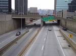 I-579 running through downtown Pittsburgh. I-579 begins at an interchange with PA 885 (Boulevard of the Allies) and the approach to the Liberty Bridge over the Monongahela River in Downtown Pittsburgh, heading to the north-northeast as a four-lane freeway.