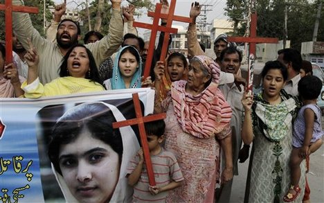 Pakistani Christians chant slogans during a protest to condemn the attack on a 14-year-old schoolgirl Malala Yousufzai, who was shot on Tuesday, Oct. 9, 2012 by the Taliban for speaking out in support of education for women, in Lahore, Pakistan, Thursday, Oct. 11, 2012.