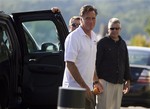 Republican presidential candidate Mitt Romney arrives at Brewster Academy for convention preparations