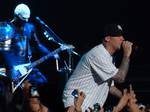 Limp Bizkit's Wes Borland and Fred Durst performing at the Movistar Arena in Santiago, Chile on July 21, 2011.