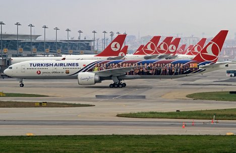 Boeing 777-300ER with the badge and cups of FC Barcelona. Turkish Airlines is the official sponsor and carrier of the club.[