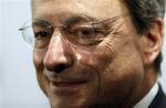 CEB President Mario Draghi smiles while he poses for the media after arriving to attend a the annual meeting of the Umbrella Association of German Industry, BDI, in Berlin, Germany, Tuesday, Sept. 25, 2012.