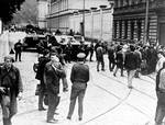 Tanks and troops from the Soviet Union stand in a street in Prague after the Soviet invasion of Czechoslovakia on August 21st, 1968, putting an end to Prague Spring reform. cg1