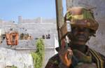 SOMALIA, Kismayo: In a handout photograph taken 05 October and released by the African Union-United Nations Information Support Team 06 October, Somali women look on from a roof-top as a soldier of the Kenyan Contingent serving with the African Union Mission in Somalia (AMISOM) stands guard on a street in the centre of the southern Somali port city of Kismayo adjacent to the old police station while a combat engineering team inspects the surrounding area following reports of a suspected improvis