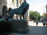 The north (left) and south (center) lion are decorated for local sports teams during the playoffs such as Super Bowl XLI (right).