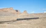 Westbound California Zephyr, operated by Amtrak, in front of the Book Cliffs, between Green River and Floy, Utah, USA.