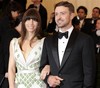 FILE - In this May 7, 2012, file photo, Jessica Biel and Justin Timberlake arrive at the Metropolitan Museum of Art Costume Institute gala benefit, celebrating Elsa Schiaparelli and Miuccia Prada in New York.