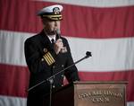 Capt. Kent D. Whalen, commanding officer of the Nimitz-class aircraft carrier USS Carl Vinson (CVN 70), addresses the crew for the first time.