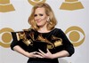 Adele poses backstage with her six awards at the 54th annual Grammy Awards on Sunday, Feb. 12, 2012 in Los Angeles. Adele won awards for best pop solo performance for "Someone Like You," song of the year, record of the year, and best short form music video for "Rolling in the Deep," and album of the year and best pop vocal album for "21." (AP Photo/Mark J. Terrill)