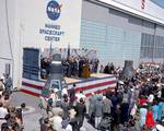 Astronaut John Glenn, Jr. is honored by President John F. Kennedy after his historical first manned orbital flight. The ceremony is being held at Hanger S at Cape Canaveral, where the Manned Spacecraft Center had its facilties; the MSC would open its permanent headquarters in Houston in September 1963.