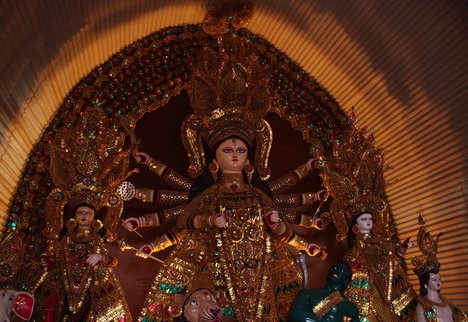 Goddess Durga Idol at  pandal  in South  Kolkata on 19 October 2012