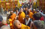 Tibetan Buddhism in India: His Holiness the fourteenth Dalai Lama of Tibet prostrating on his arrival at the Mahabodhi temple in Bodhgaya town, Bihar State of India on December 31, 2011.