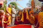 Buddhism in India: His Holiness the 14th Dalai Lama, Tibetan spiritual leader prostrating on his arrival at the Mahabodhi temple in Bodhgaya, Bihar State of India on December 31, 2011.