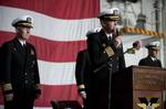 Capt. Kent D. Whalen, the commanding officer of the Nimitz-class aircraft carrier USS Carl Vinson (CVN 70), addresses the crew for the first time.