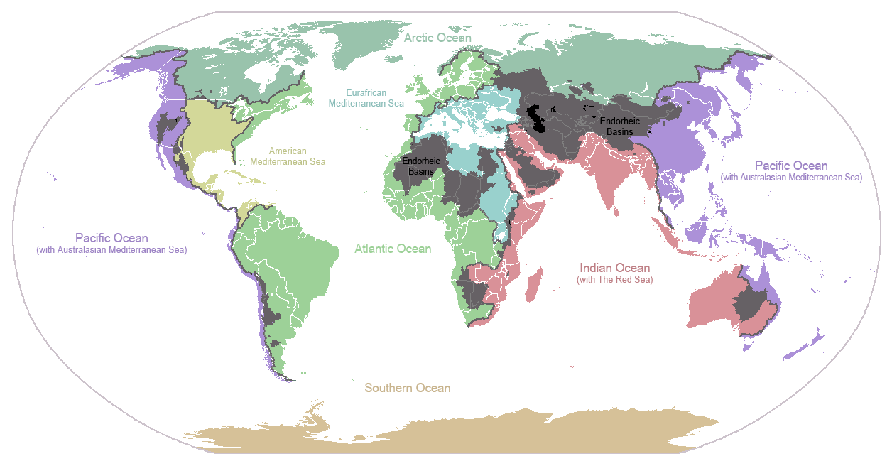 Major continental divides, showing drainage into the major oceans and seas of the world - grey areas are endorheic basins that do not drain to the ocean.